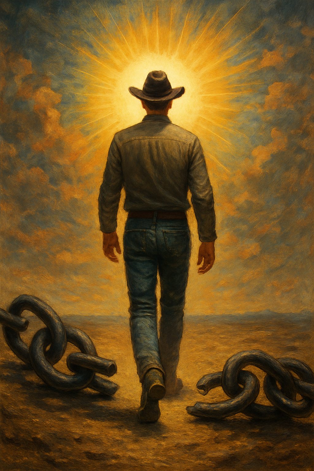 A man wearing a cowboy hat walking away from chains toward the sun