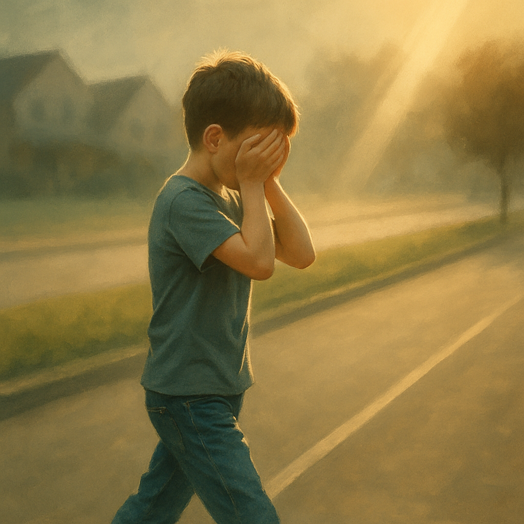 A boy crossing a street while covering his eyes