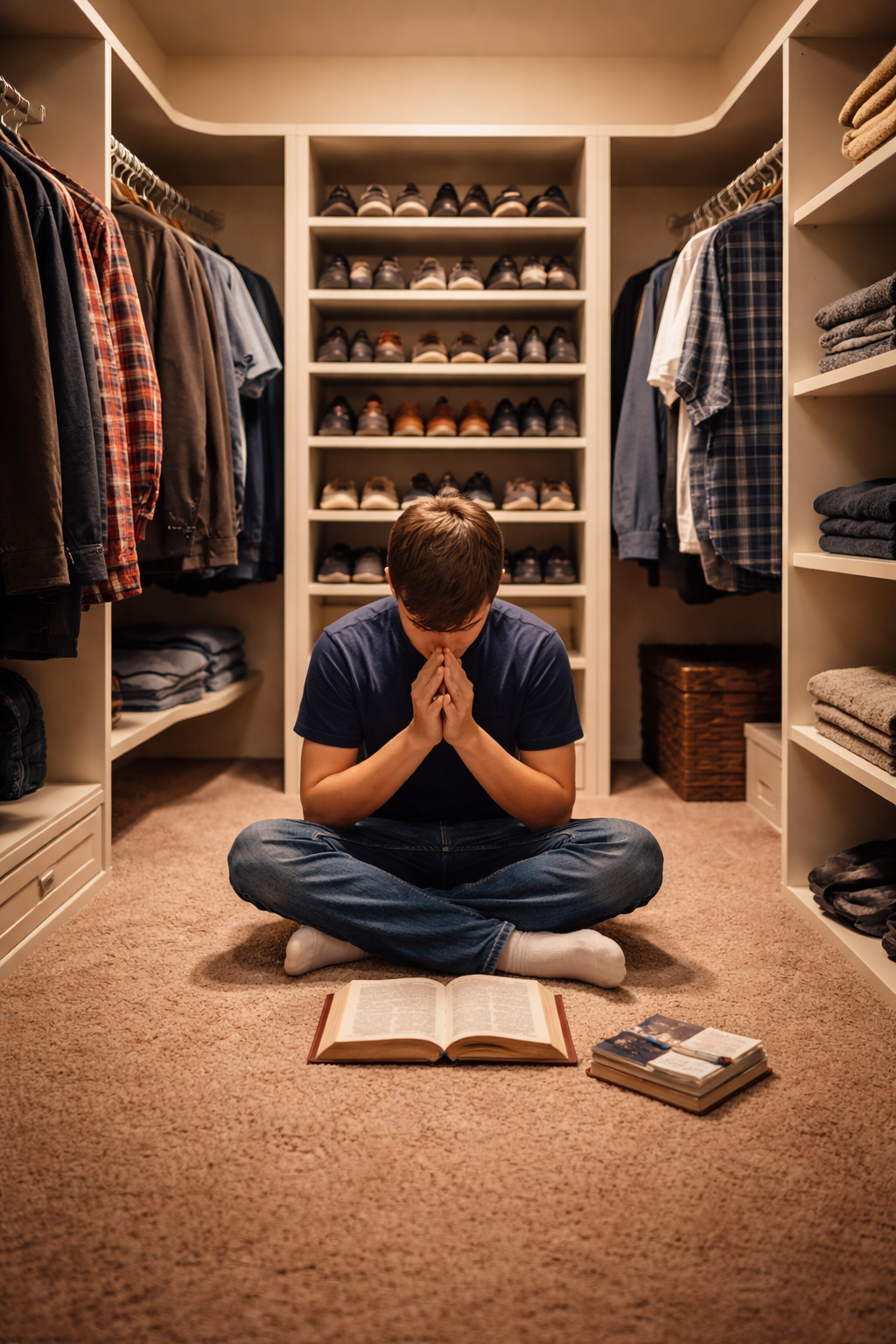 A young man sits in prayer in his closet