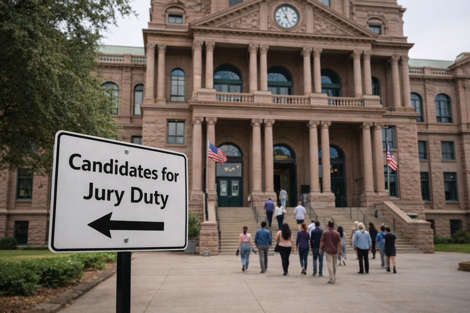 A courthouse with a sign directing potential jurors
