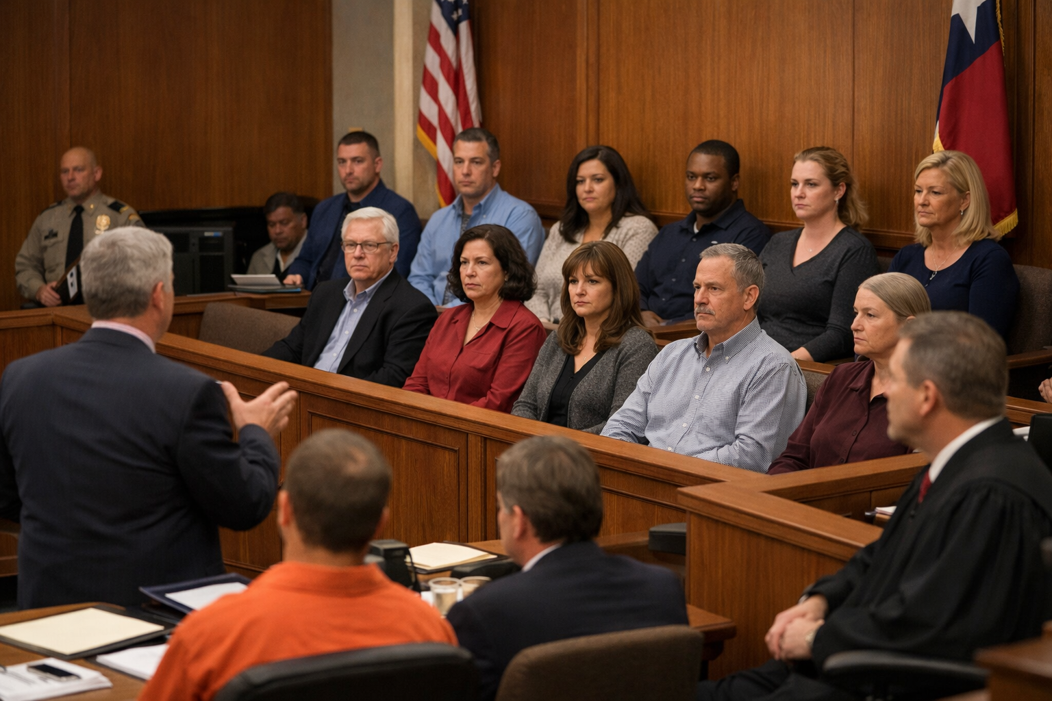 A courtroom with a jury and attorneys