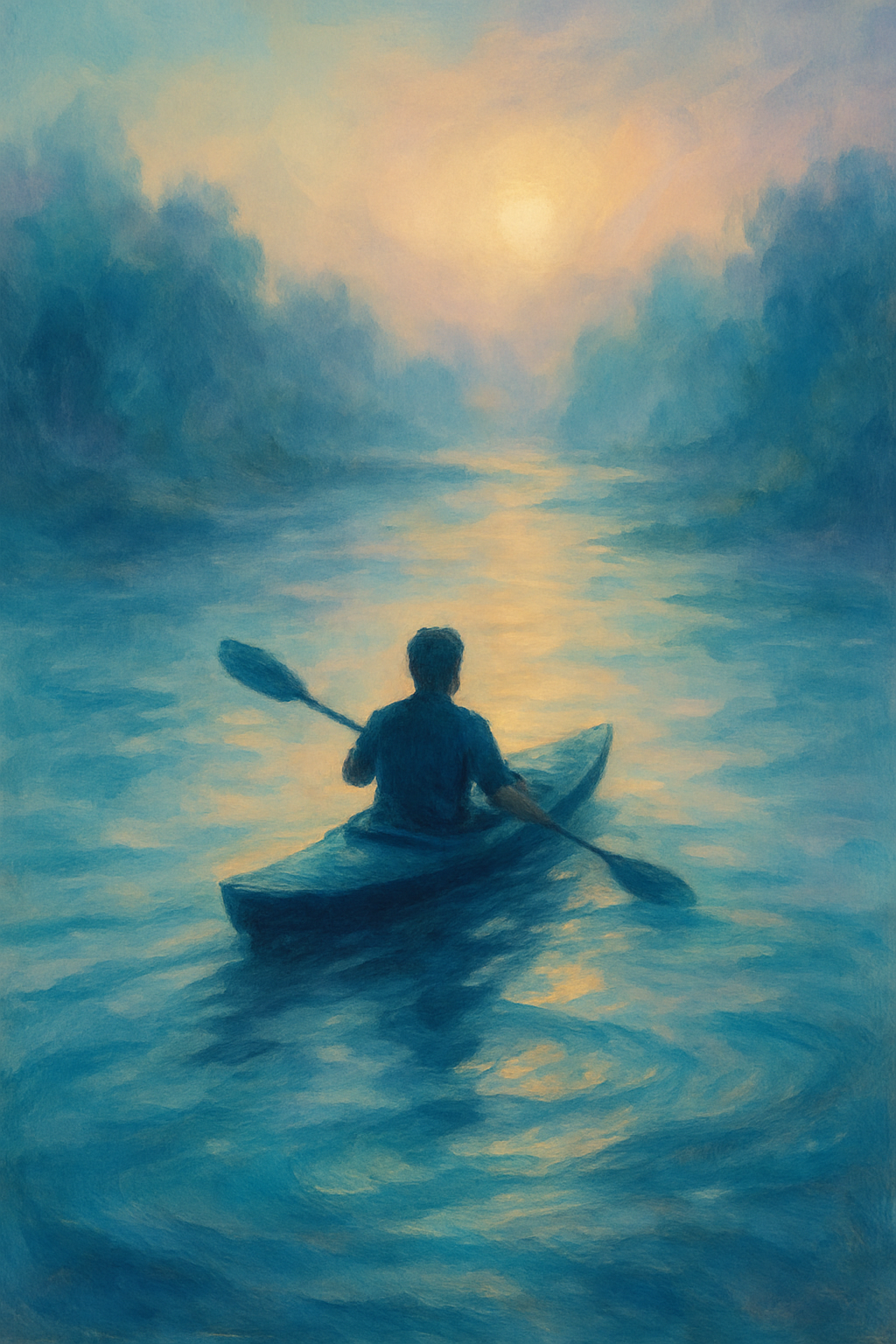 A kayaker in a calm current in a river
