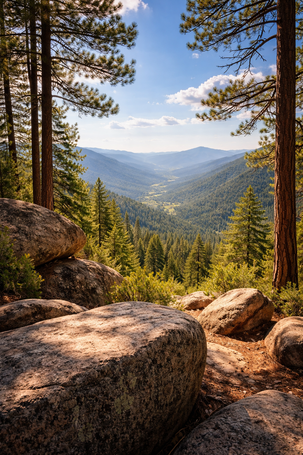 A vista of a valley as seen from atop large boulders with tall pines nearby
