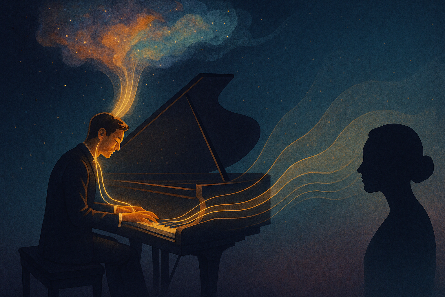 A pianist receiving music from the ether and transmitting it to a listener