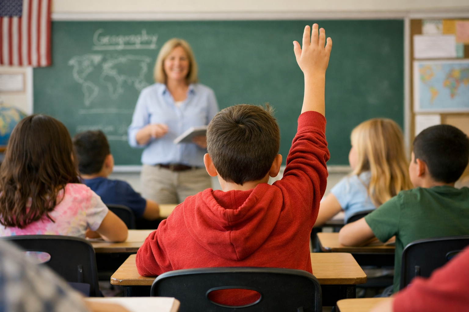 A boy raises his hand in class as a teacher looks on
