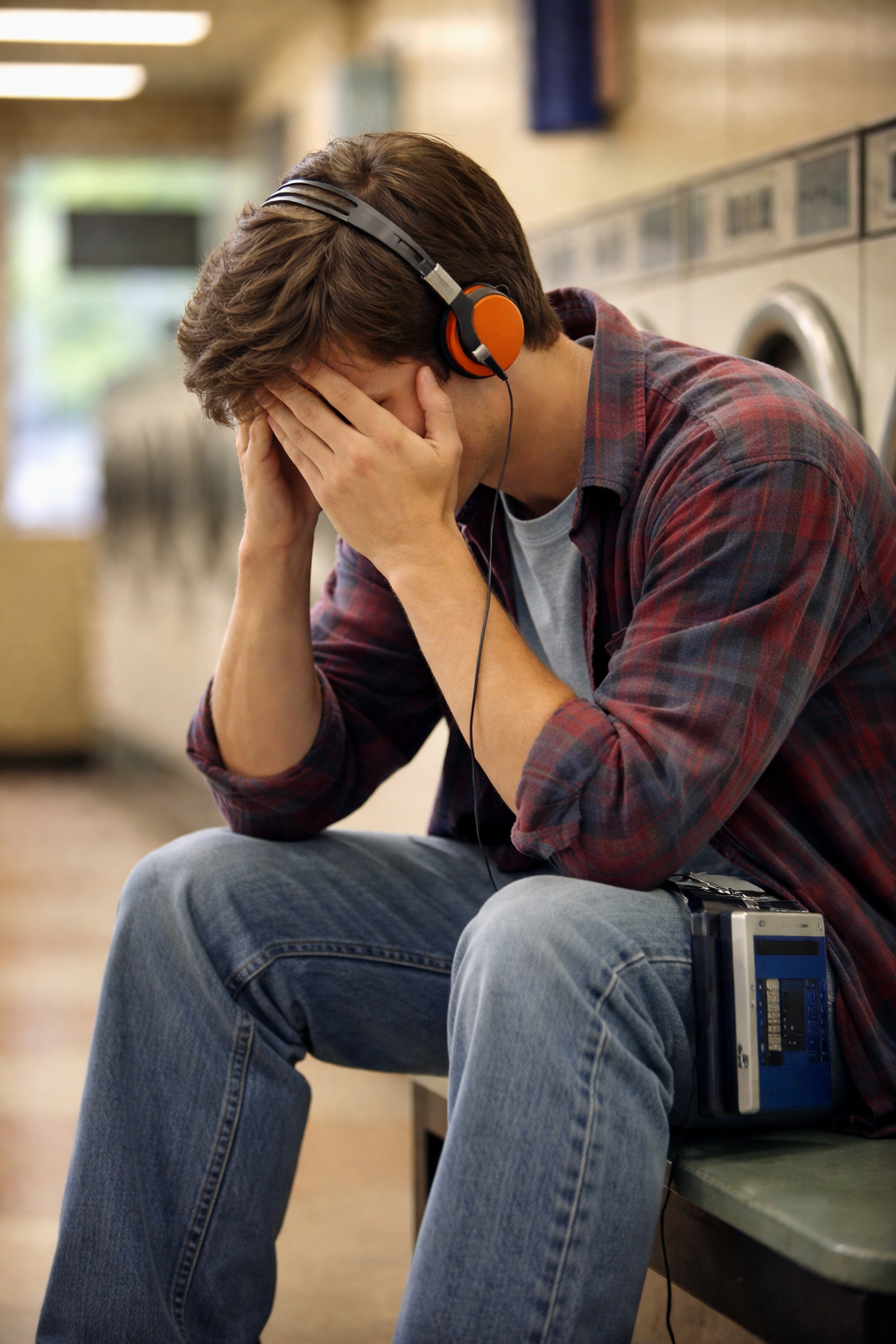 A young man sits in a laundromat listening to a Walkman