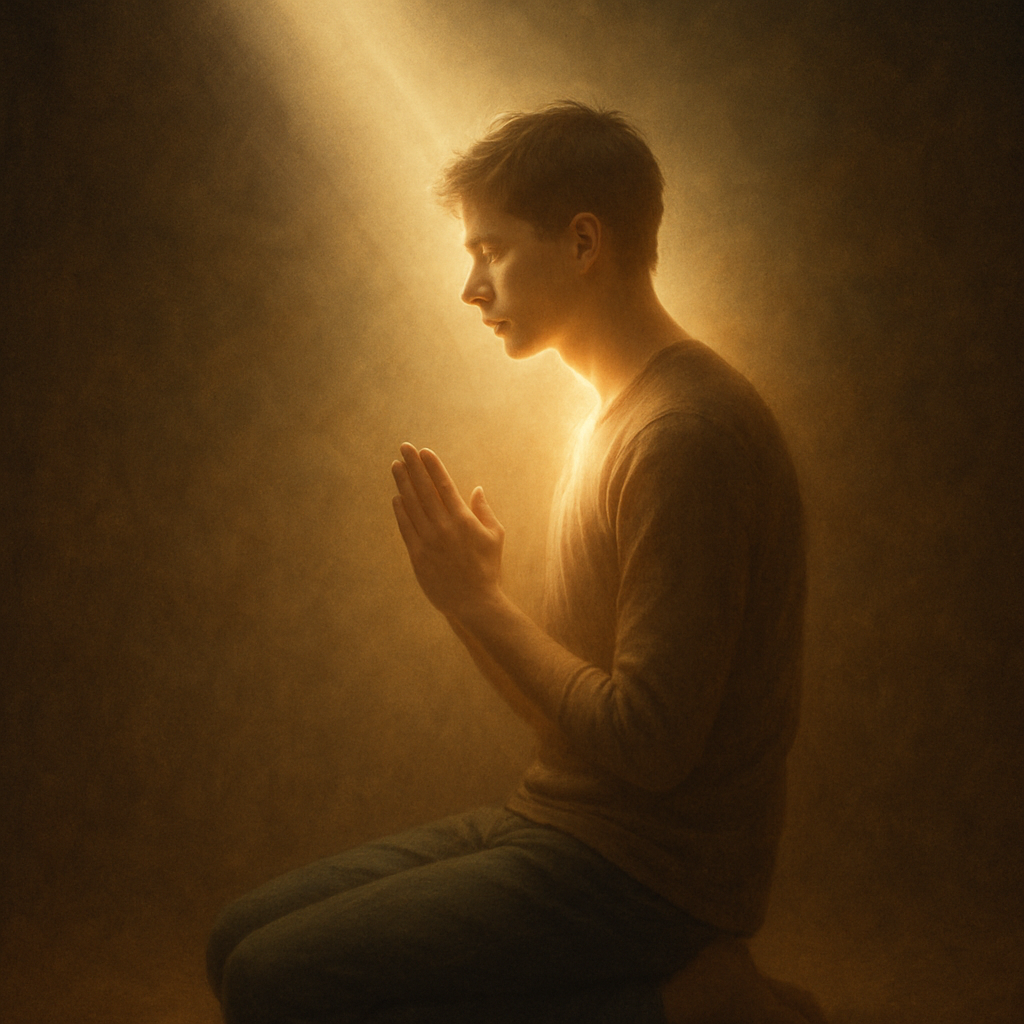 A young man sitting on his knees in prayer as a subtle light radiates from above